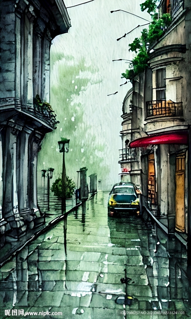 手绘水彩风格雨中城市景观建筑
