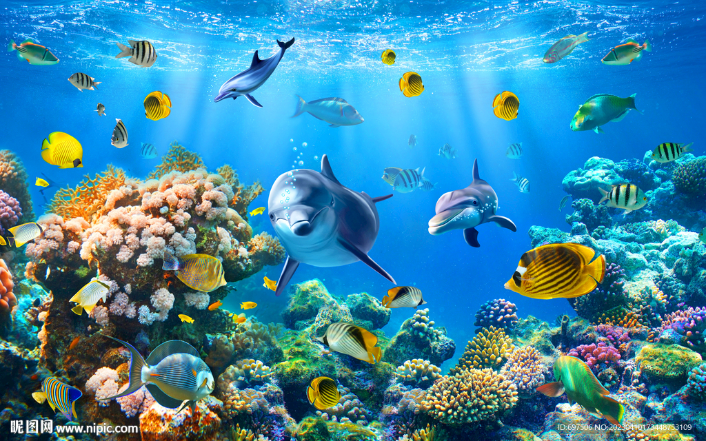 海底世界海洋馆热带鱼海豚背景墙
