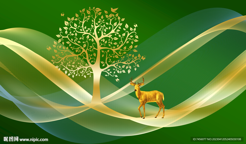 金箔大树麋鹿绿色背景挂画装饰画