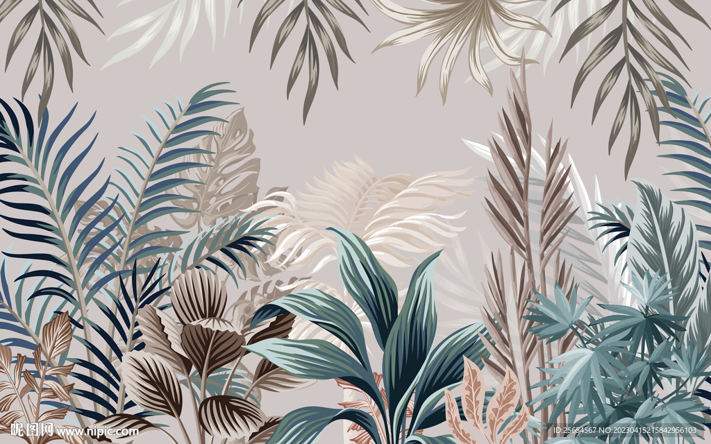 手绘热带植物热带雨林室内背景墙