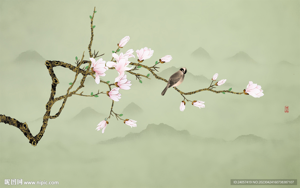 新中式工笔花鸟手绘玉兰花背景墙