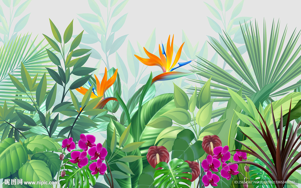 热带植物热带花鸟室内背景墙