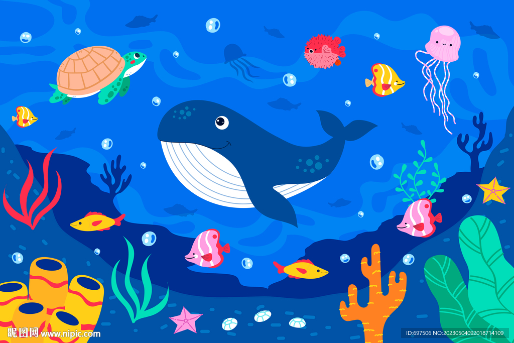 蓝色可爱海豚卡通热带鱼海底背景