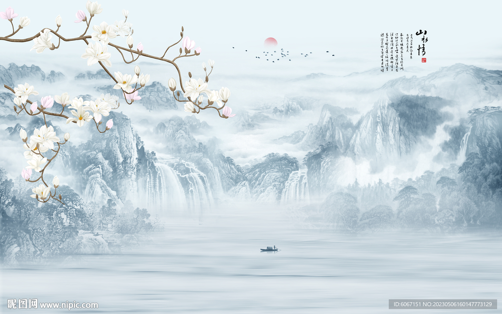 新中式手绘山水花鸟画背景墙
