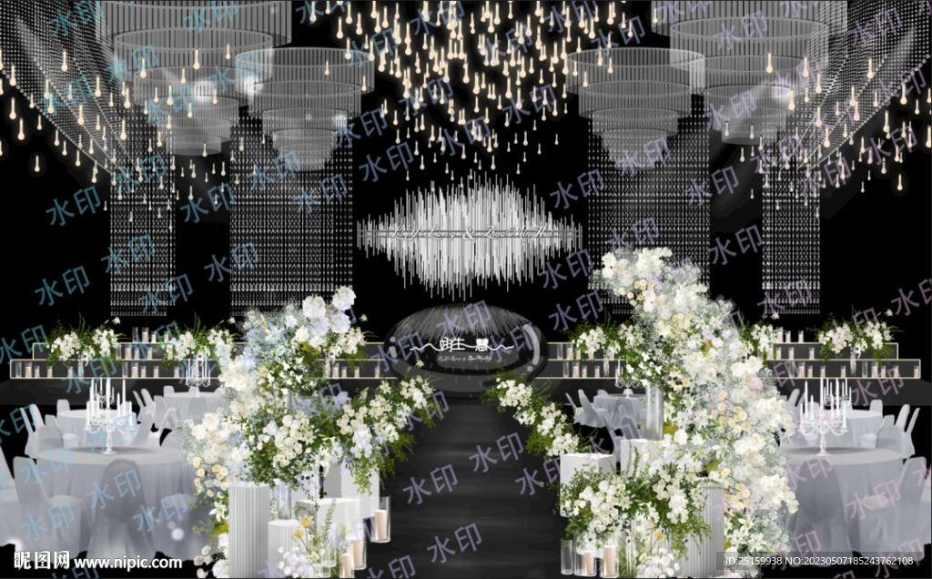 韩式白绿色系水晶婚礼现场效果图