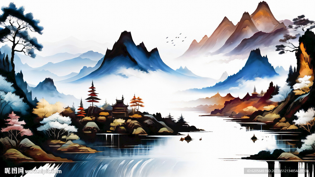 水墨山澗意境山水畫