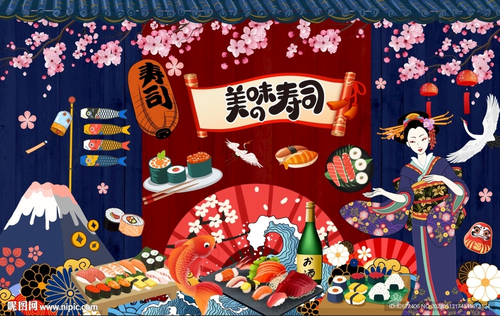 日料寿司美食工装背景墙图片