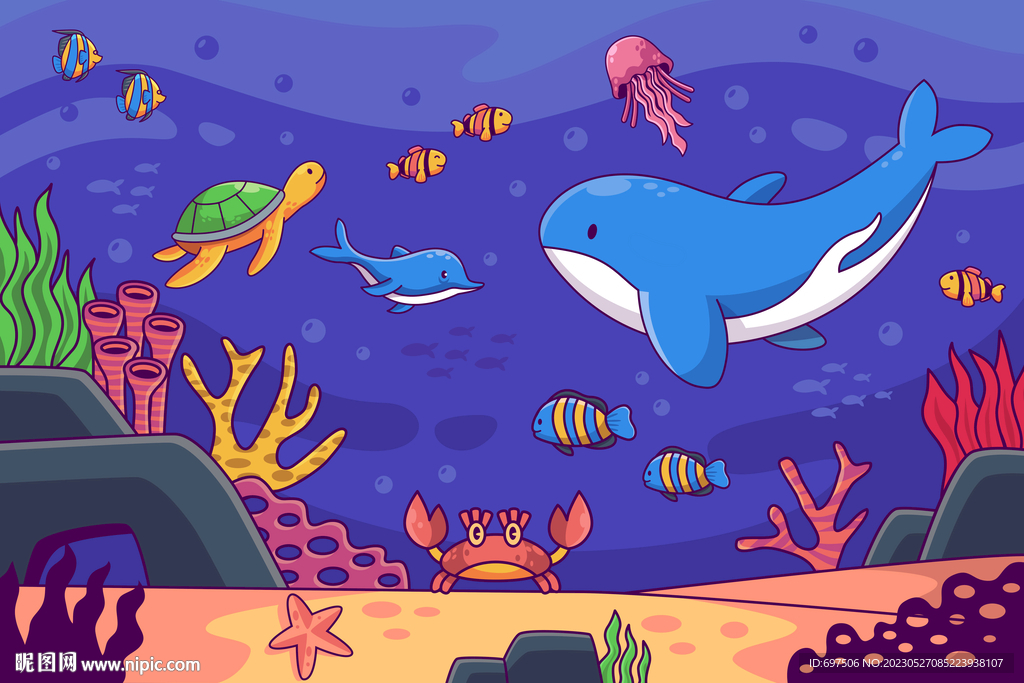 卡通海豚鲸鱼手绘海底世界背景墙