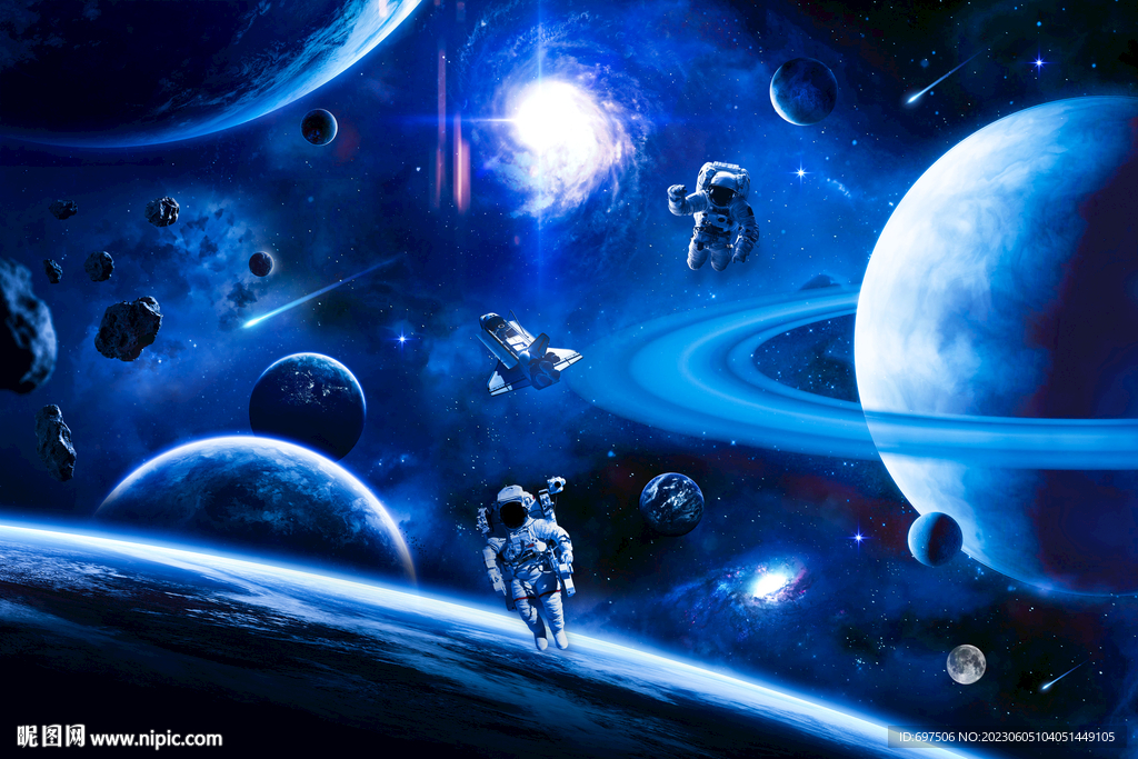 蓝色太空星球宇航员宇宙银河背景