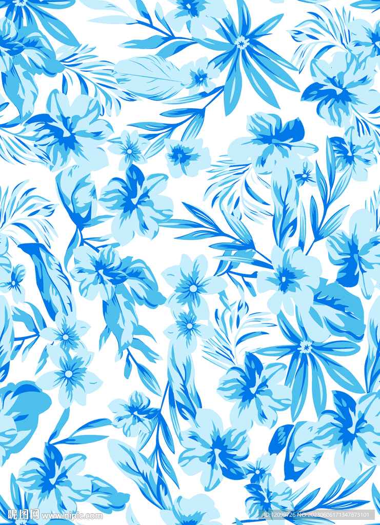 抽象线条蓝色花朵  数码印花