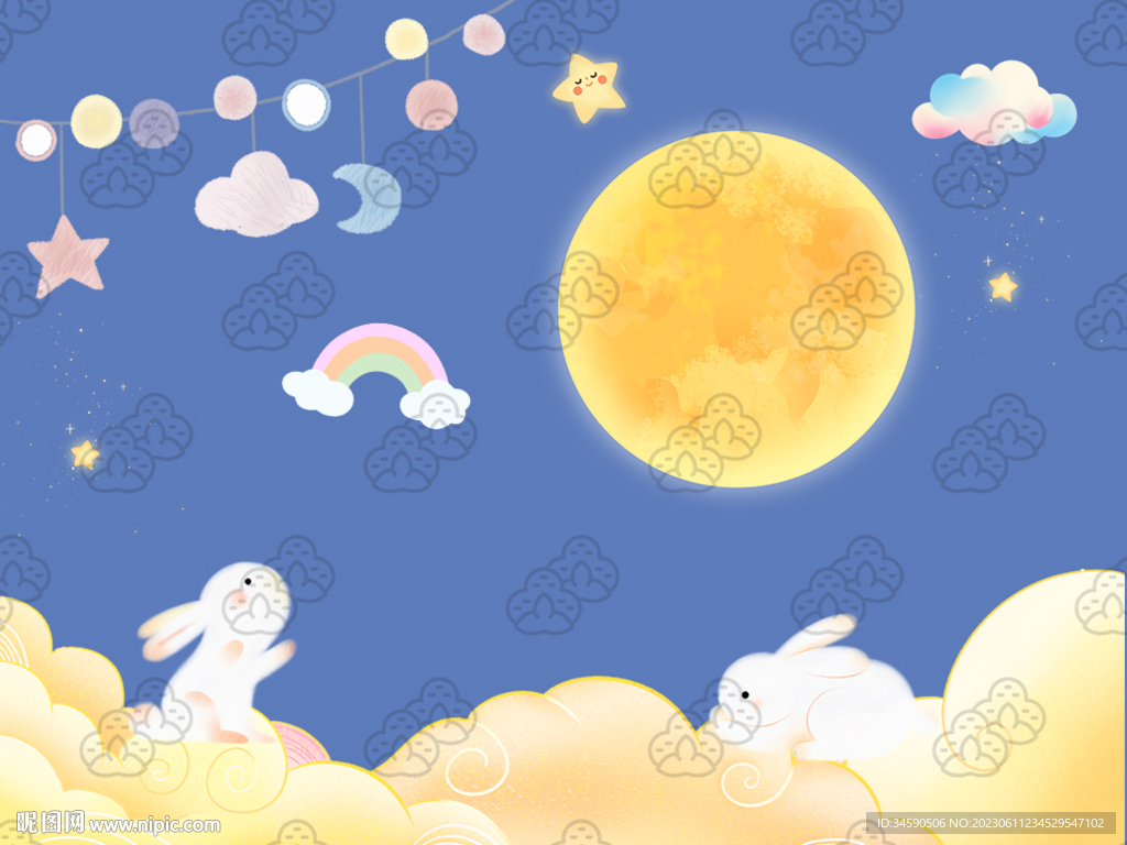 可愛兔子月亮云朵星星插畫