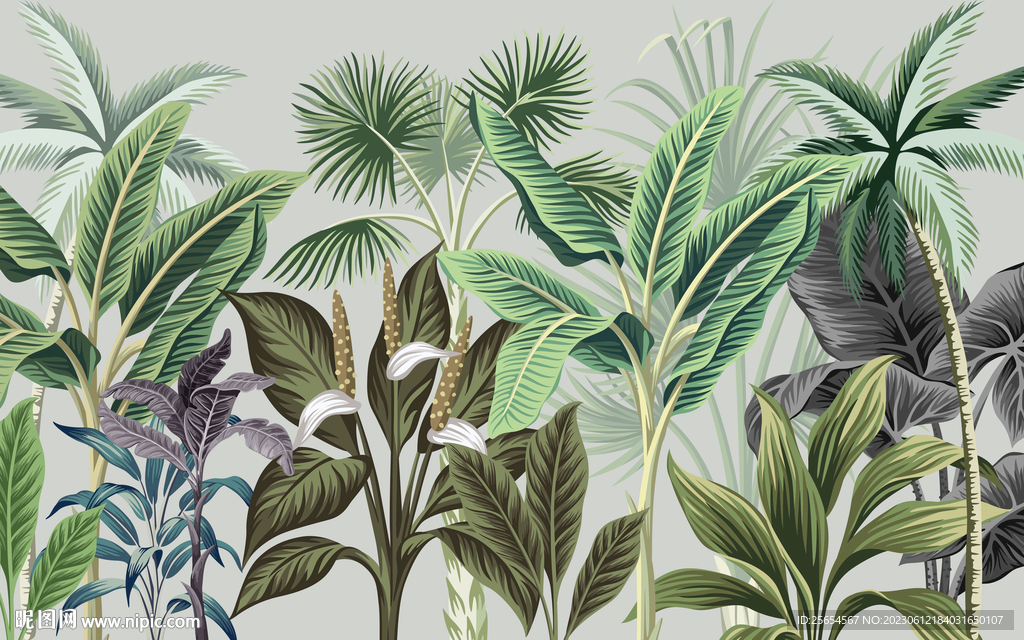 手绘北欧森林热带植物背景墙