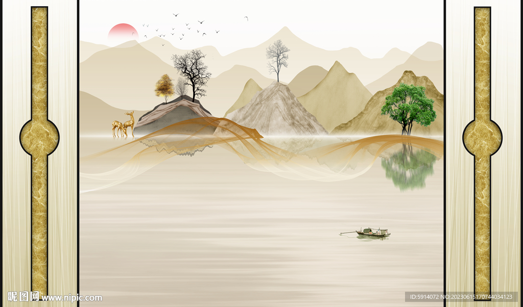 山水畫(huà)大理石背景墻 裝飾畫(huà)船