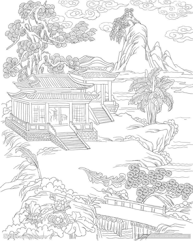 白描古建圖 