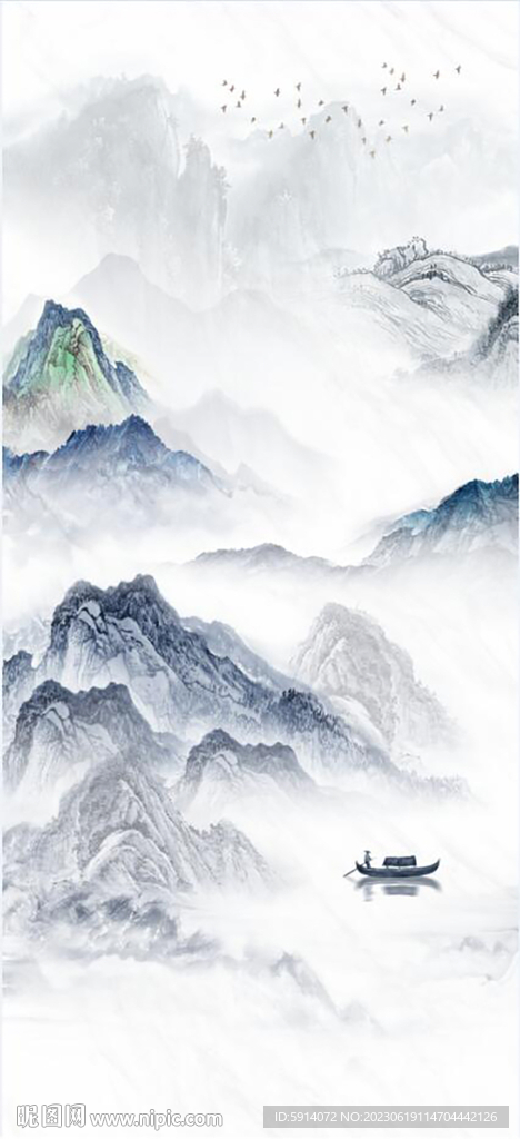 水墨山水畫 大理石背景墻玄關畫