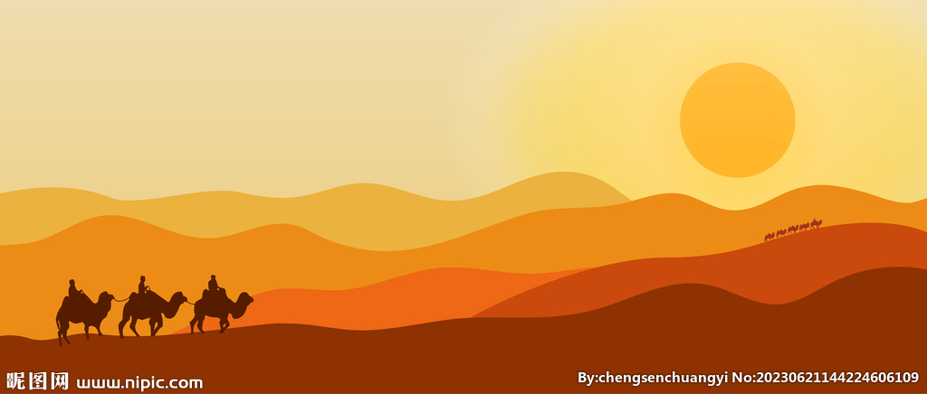 沙漠里的骆驼队丝绸之路夕阳剪影