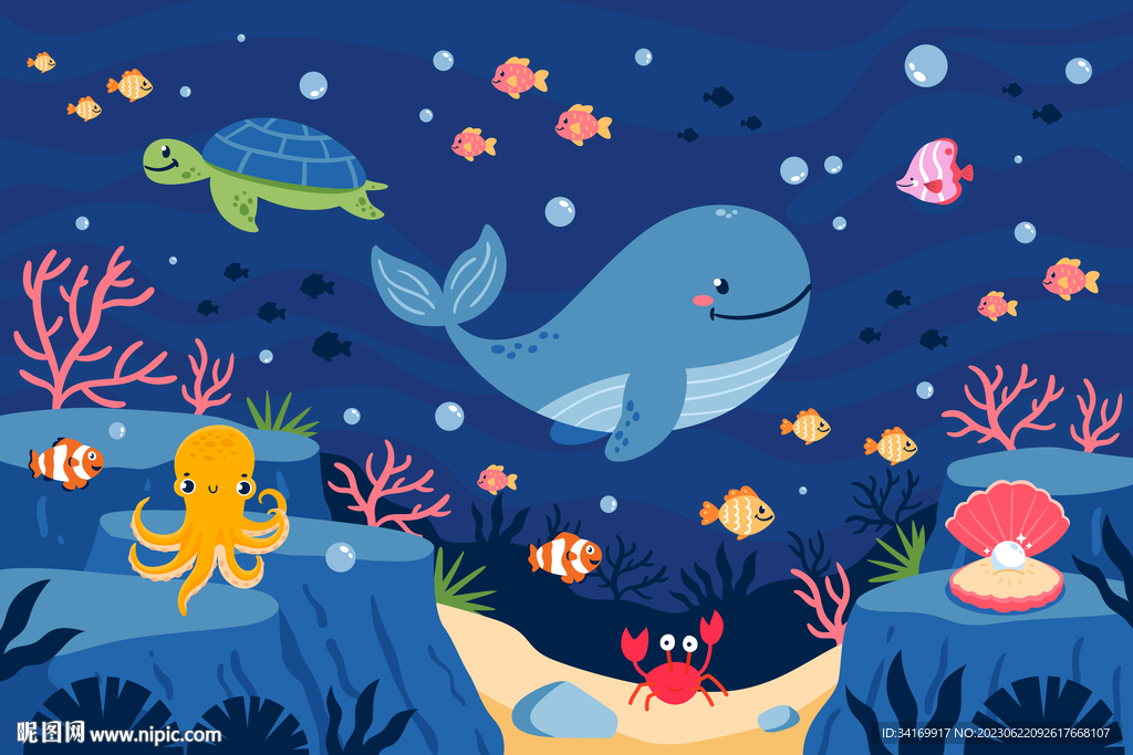 手繪海底卡通海洋動物鯨魚背景墻