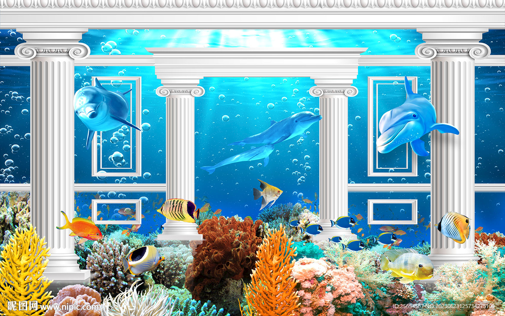 海底世界海豚3d罗马柱背景墙