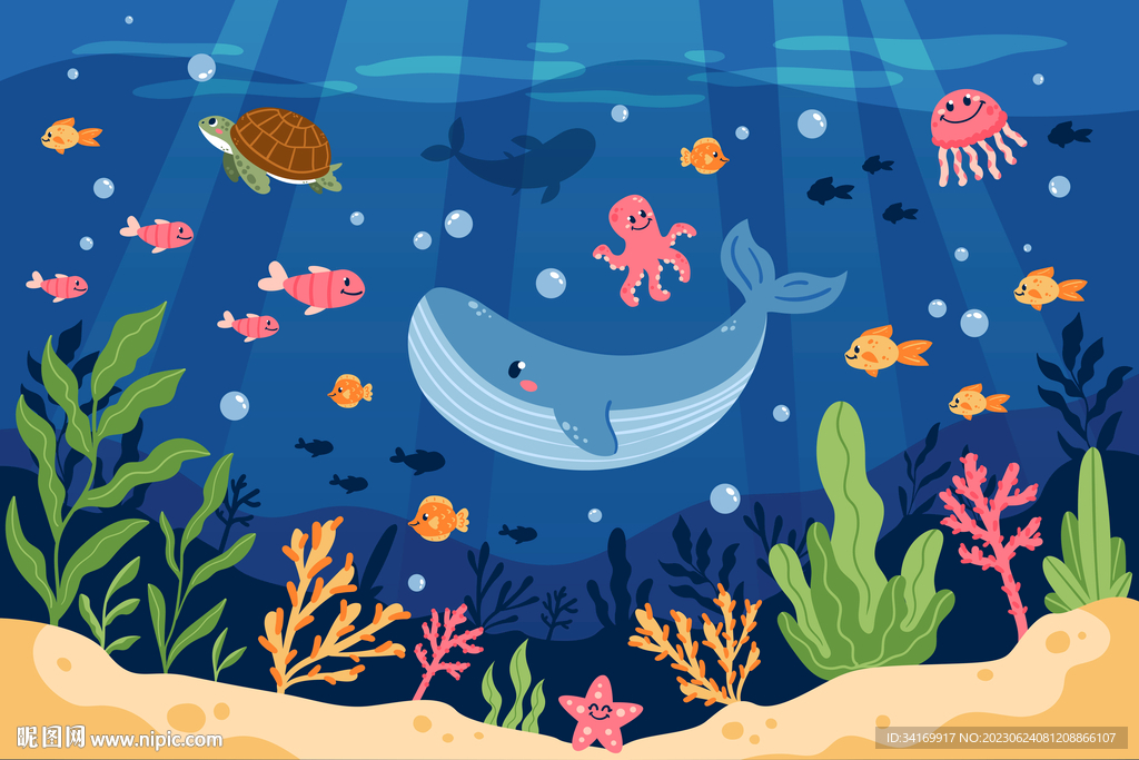 蓝色海底卡通鲸鱼珊瑚热带鱼背景