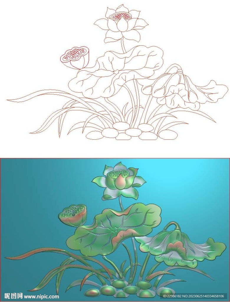 單朵荷花精雕圖