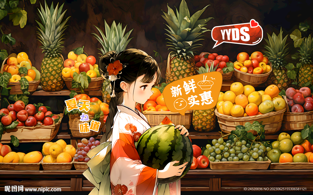 卡通水果國潮漢服美女設(shè)計