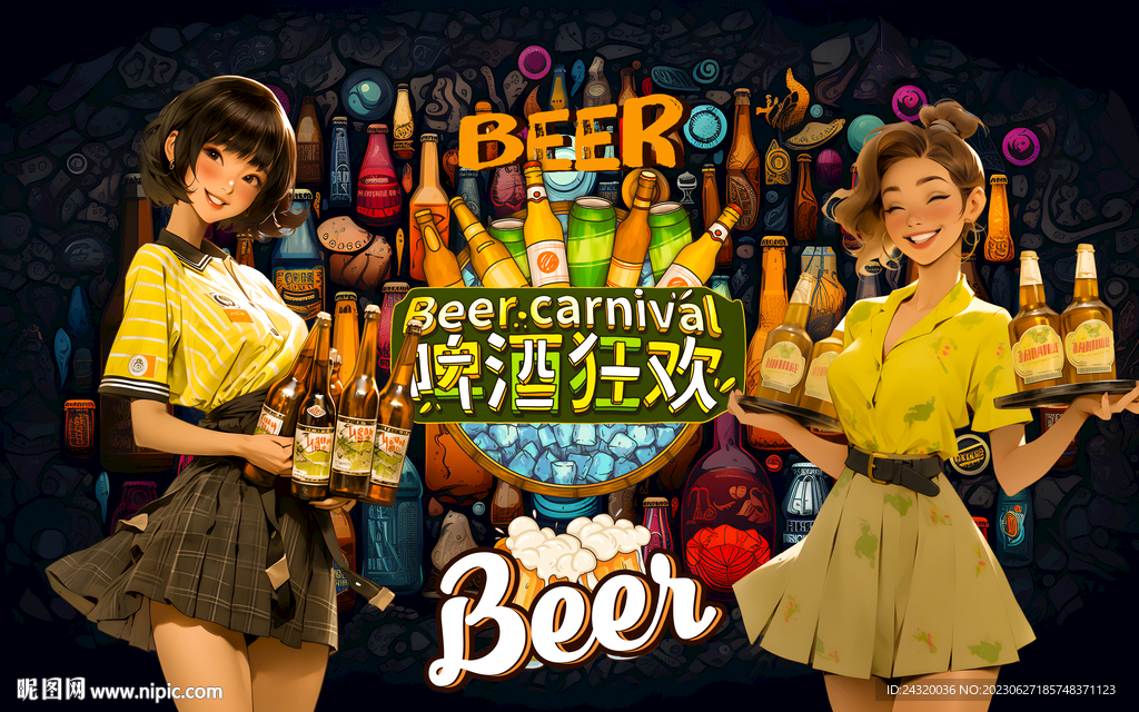 啤酒狂歡卡通美女卡通啤酒壁畫