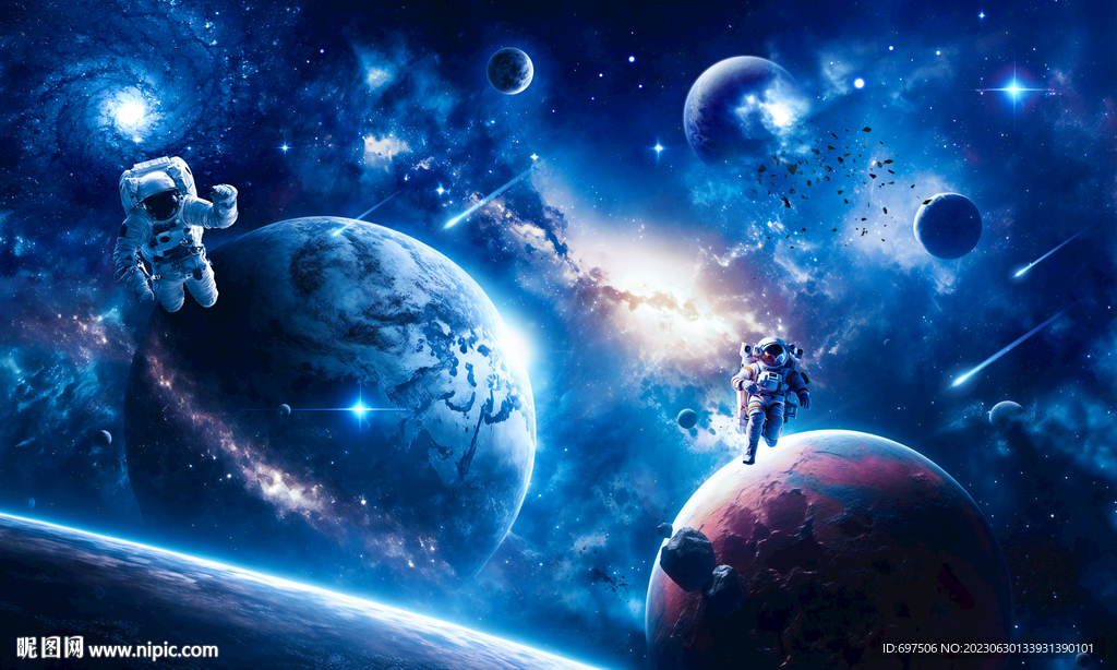 蓝色太空星球宇航员银河星空背景