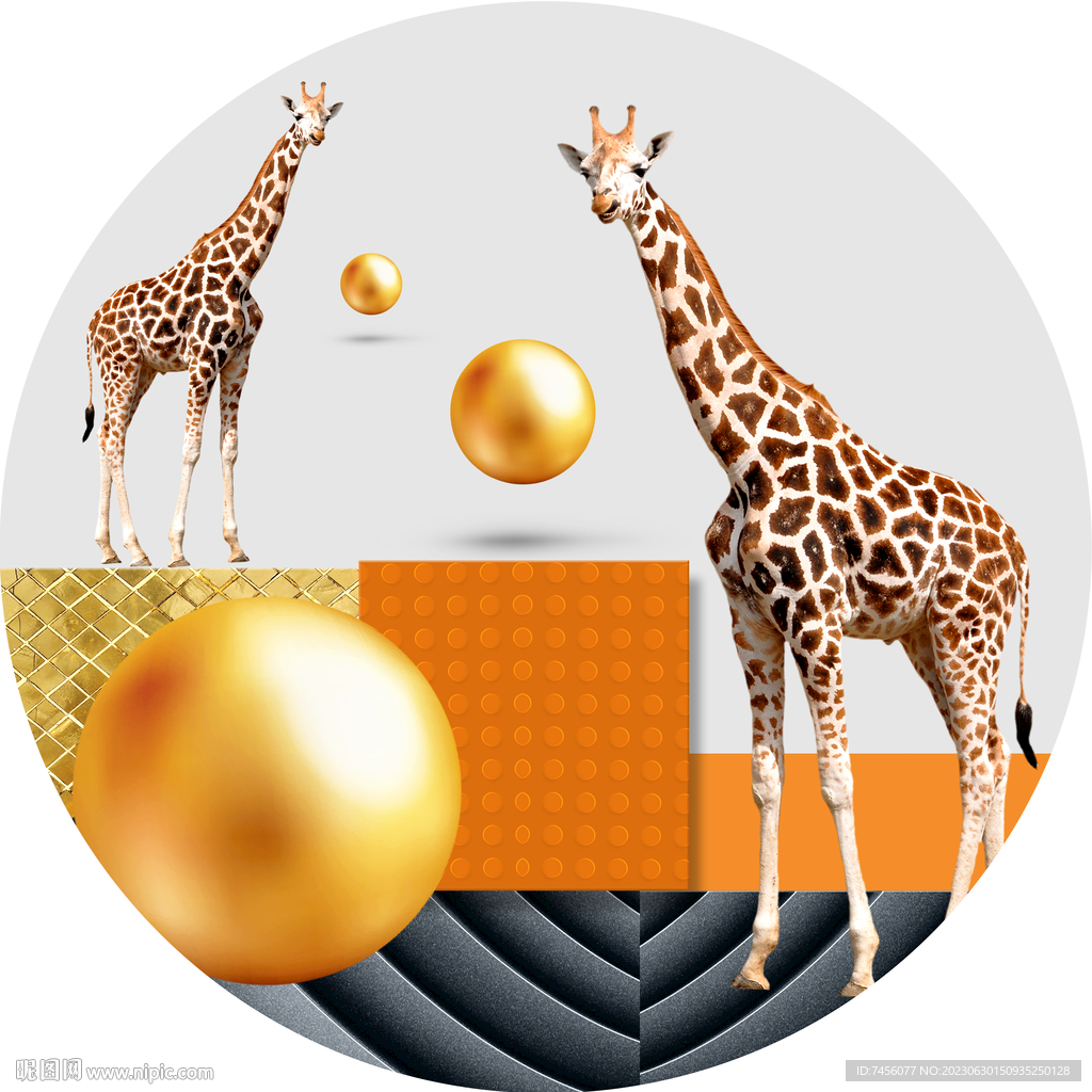 长颈鹿金属球圆形挂画装饰画