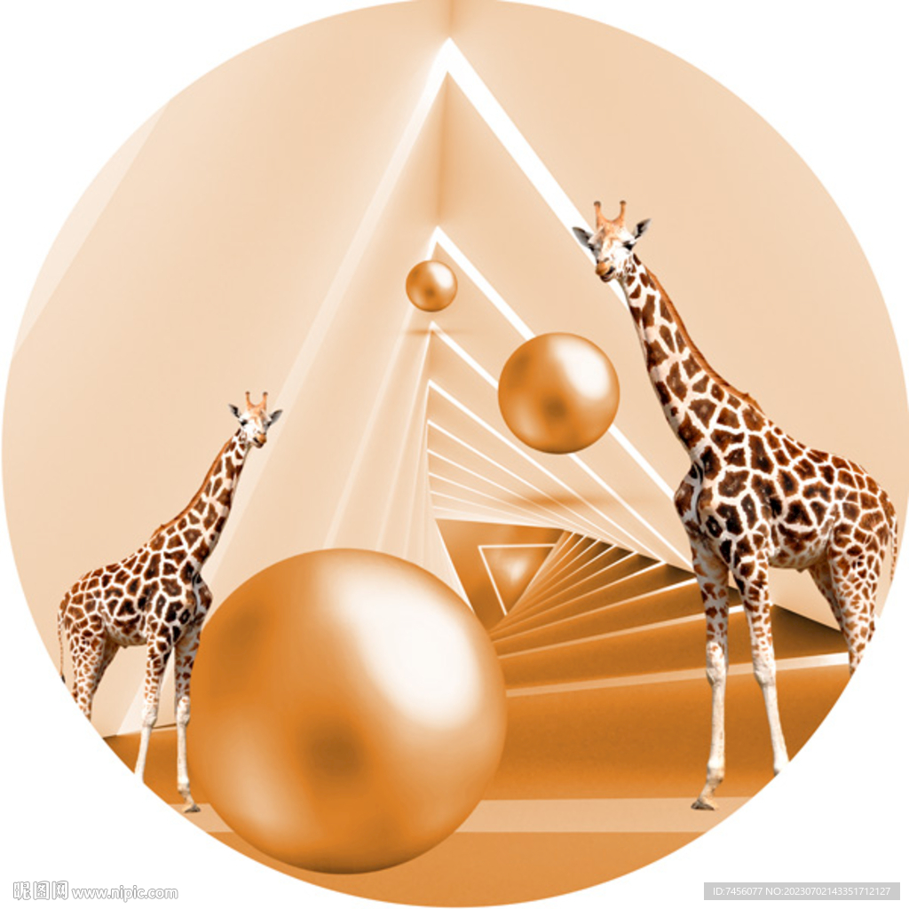 长颈鹿金属球圆形挂画装饰画