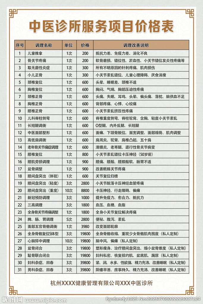 中醫(yī)診所服務(wù)價目表價格表