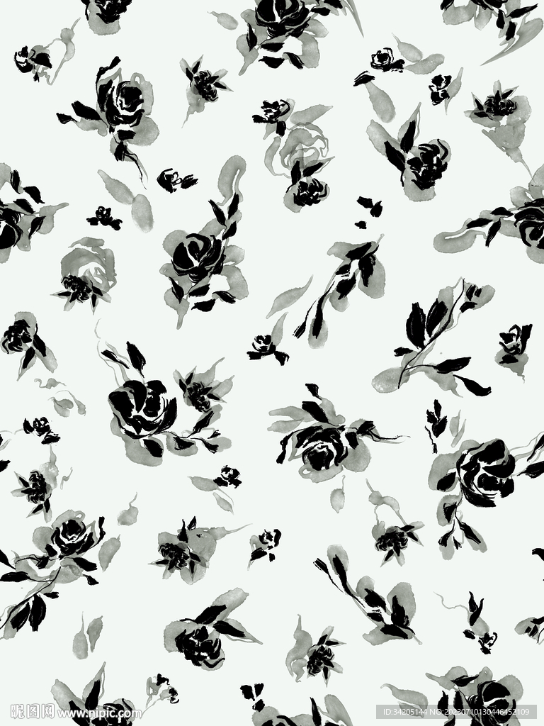 水彩黑白花 碎花