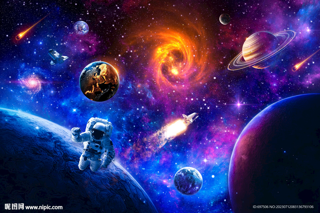 夢幻太空星球宇航員火箭星空背景
