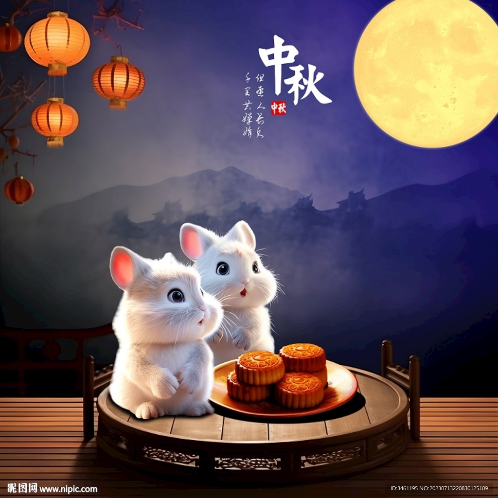 中秋快樂玉兔月餅模板高清分層圖