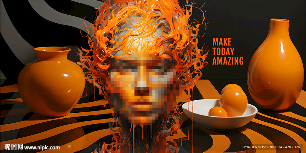 潮流抽象橙色3D空间艺术壁画设