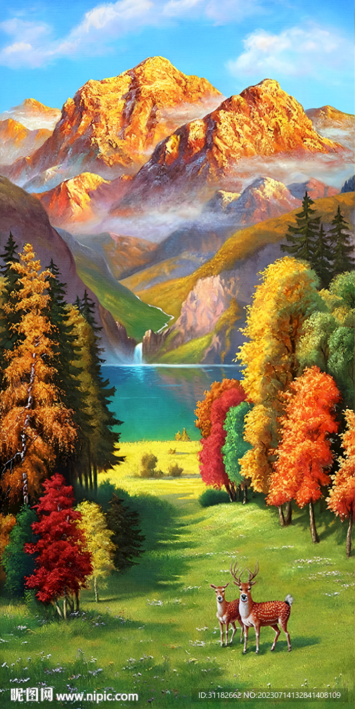 油畫山水風(fēng)景麋鹿玄關(guān)畫