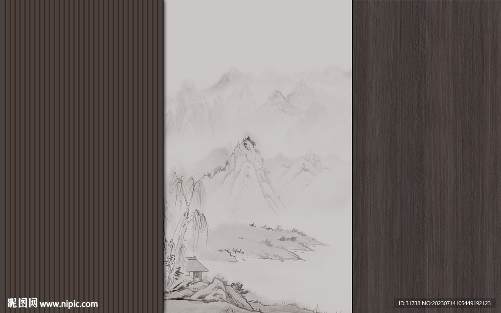新中式格栅木纹山水画背景墙