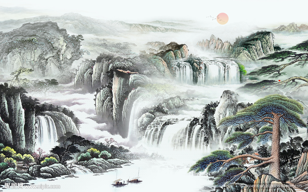 高檔 中式背景山水 TIf分層