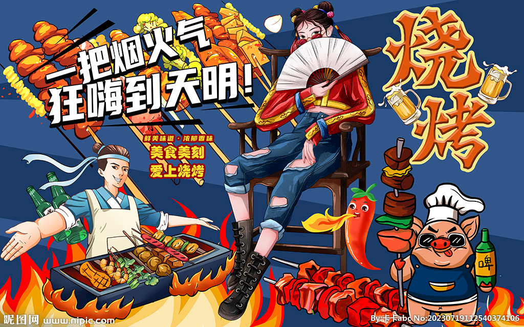 國潮燒烤美食美女工裝背景墻