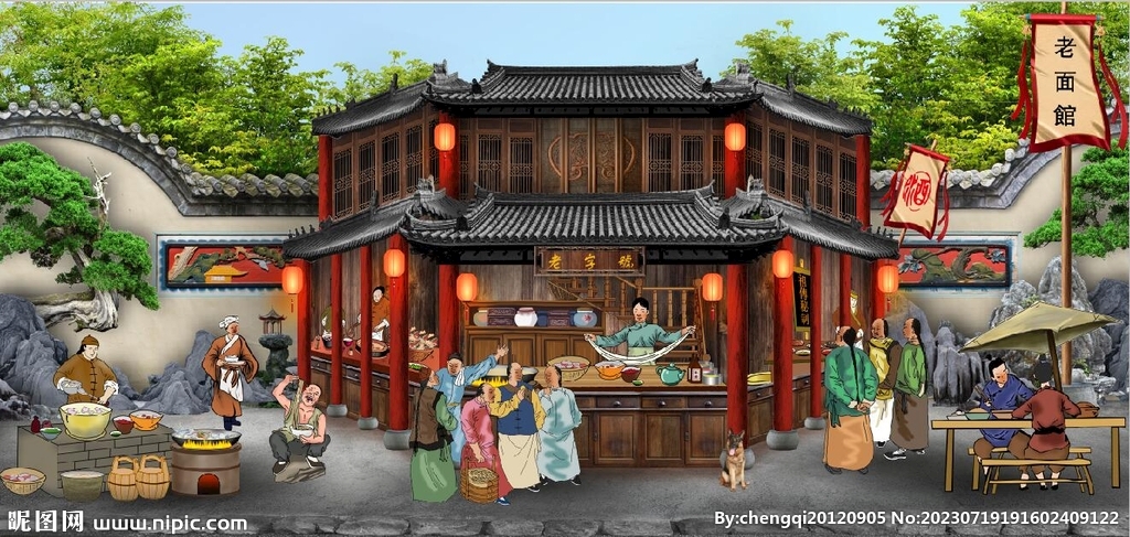 古代老面館餐飲背景墻壁畫