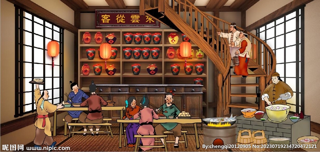 古代客從云來餐飲背景墻壁畫