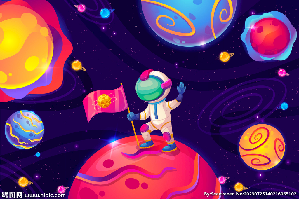 手繪卡通宇航員登陸太空星球