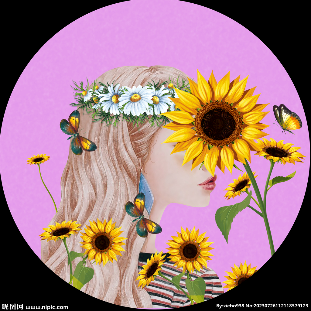 水彩美女花卉圓形掛畫裝飾畫
