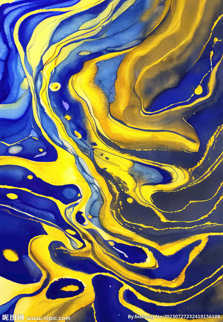 蓝金色炫彩流体抽象画