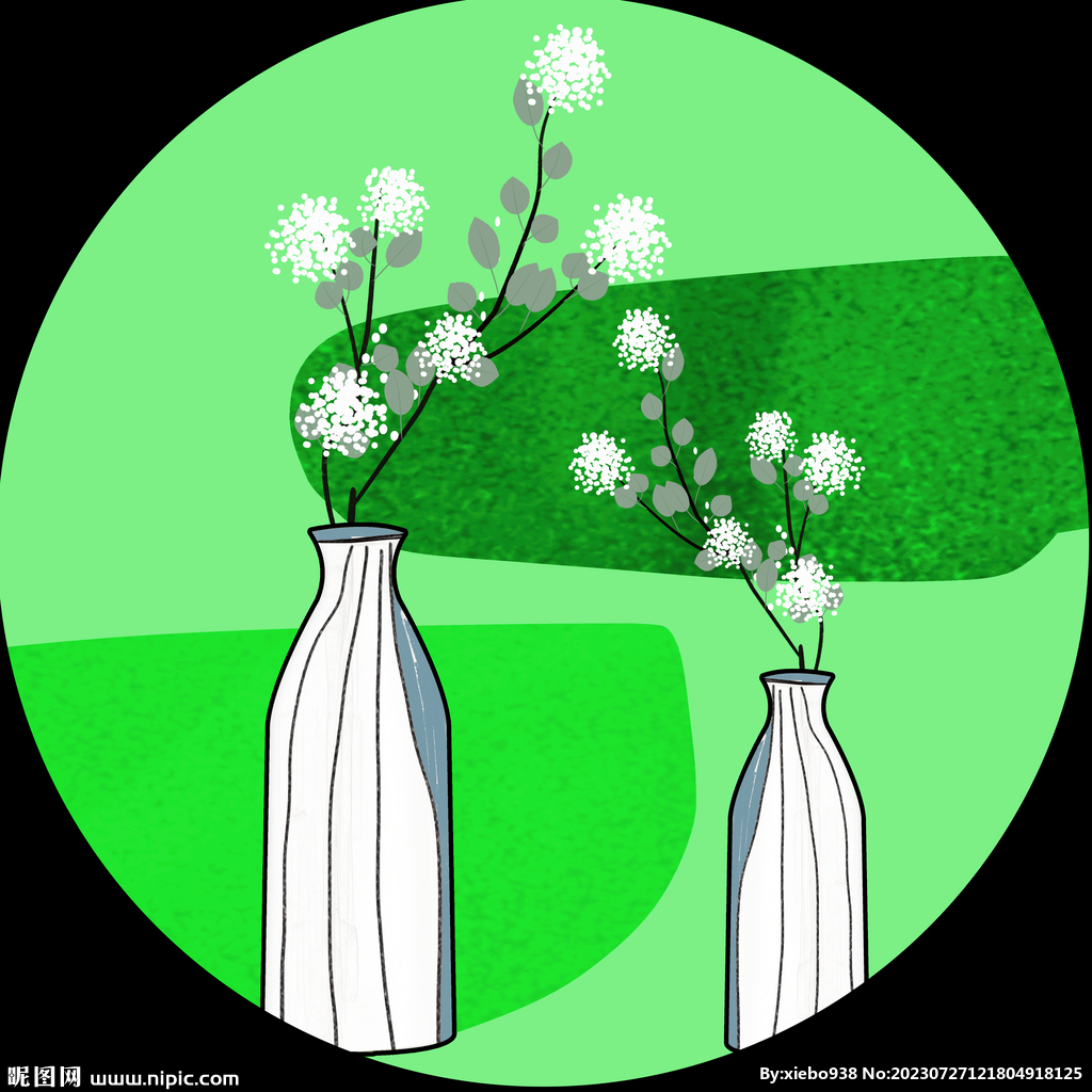 绿色背景花卉花瓶圆形挂画装饰画