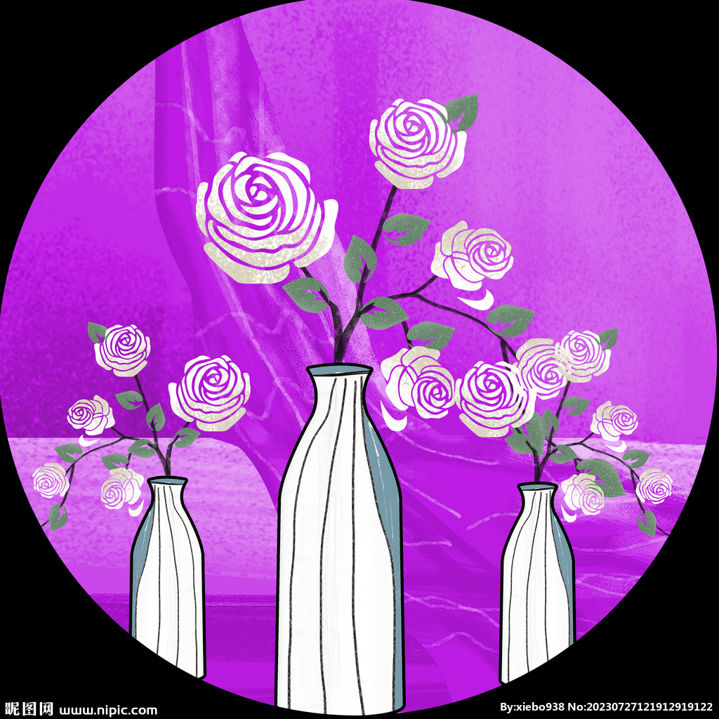 水彩花瓶紫色圓形掛畫(huà)裝飾畫(huà)