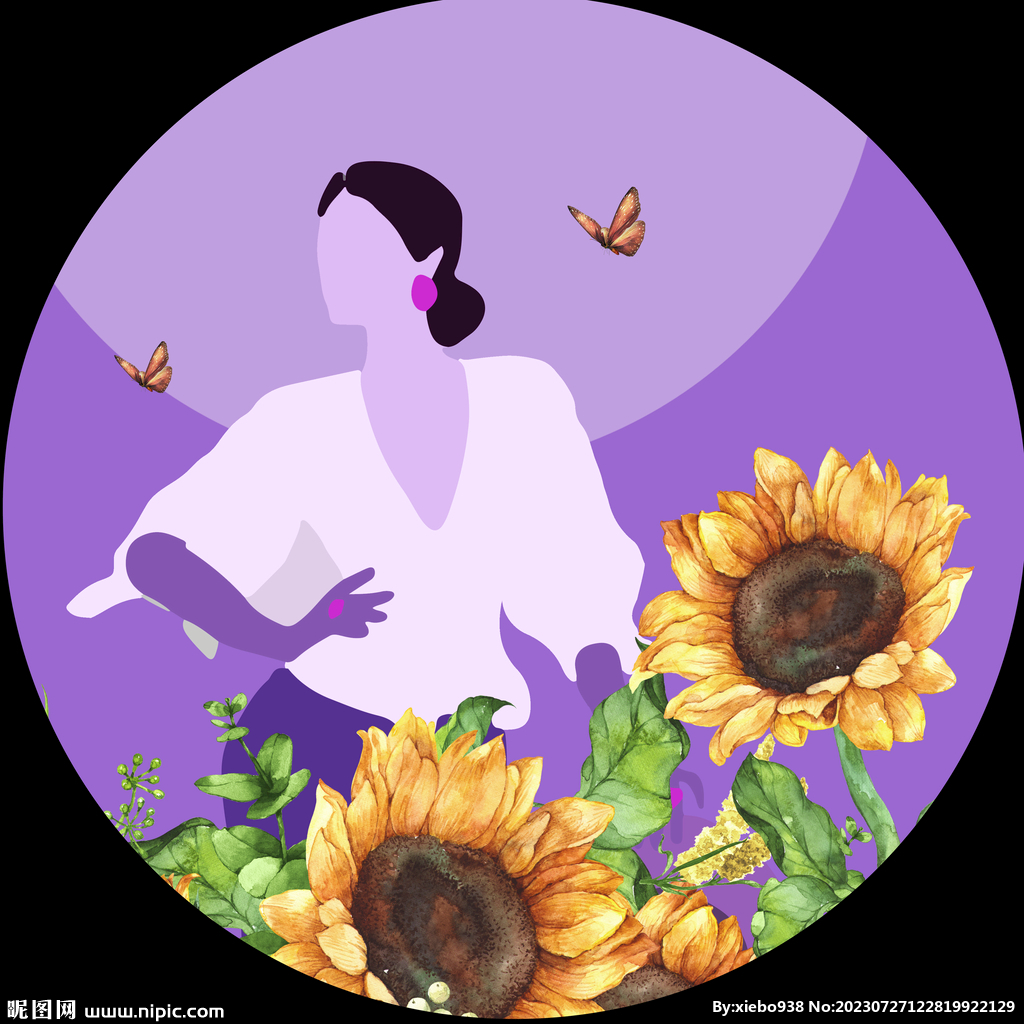 水彩向日葵美女藝術(shù)圓形掛畫裝飾