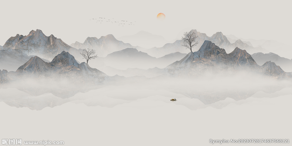 中式意境床頭水墨背景墻畫