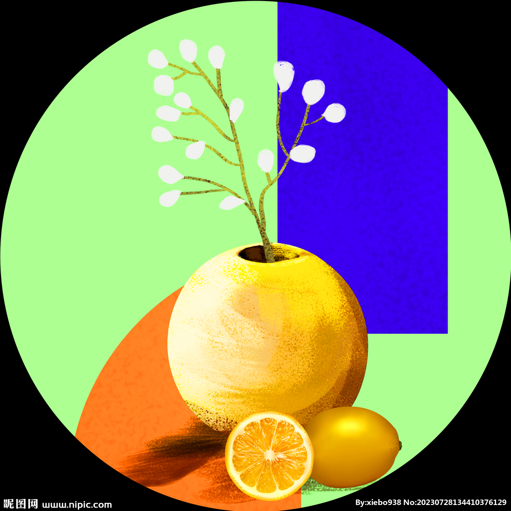 靜物檸檬花瓶圓形掛畫裝飾畫