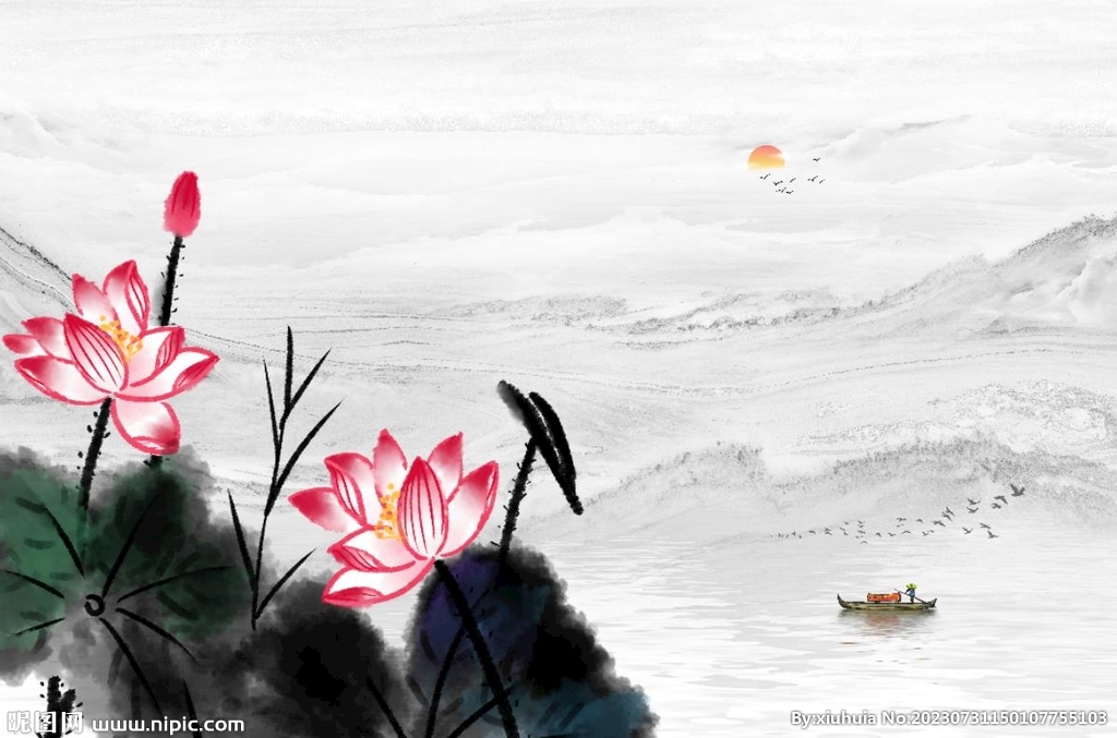 水墨蓮花山水