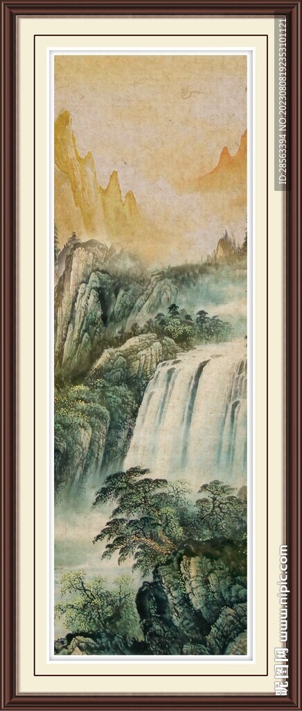 豎幅國畫瀑布風景